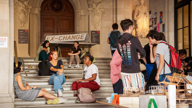 students gather on the steps of the Great Hall during the EX-CHANGE Welcome Back Event.