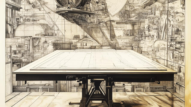 a drafting table in a room with drawings covering the walls