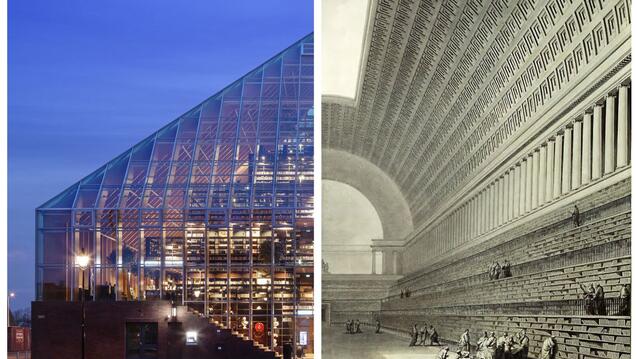 photo of a glass library and archival drawing of a library