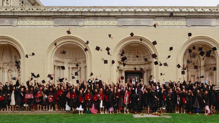 arch graduate students in front of college of fine arts building at cmu