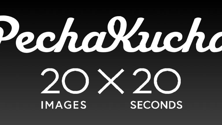 black box with white text Pecha Kucha 20 images x 20 slides