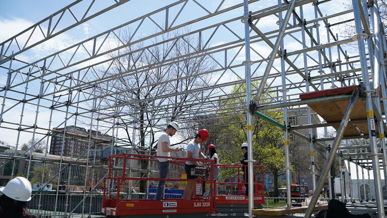 bare scaffolding for the spring 2024 carnival pavilion