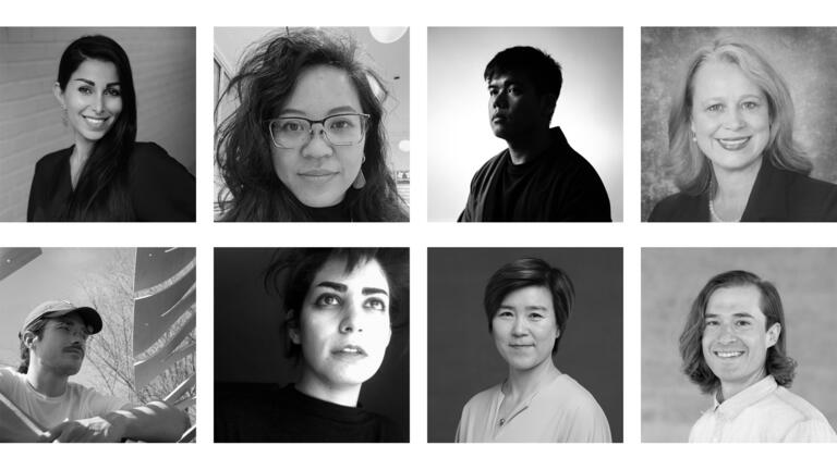 New faculty at Carnegie Mellon Architecture. Clockwise from upper-left: Niloufar Alenjery, Gloria Chang, Jimmy Wei-Chun Cheng, Lori Claus, Neal Lucas Hitch, Maryam Karimi, Yiqun Pan, Andrew Stone.