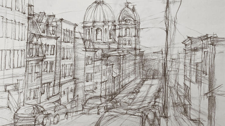 hand drawing sketch of a city street scene with cars and buildings