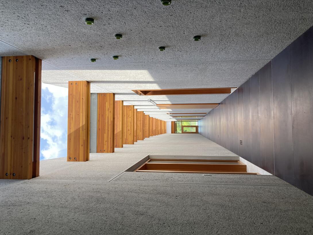 The gallery of the completed Thorne Residence showing the concrete walls in context. Image courtesy of Gerard Damiani.