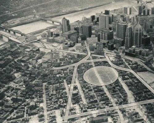 B&W aerial pittsburgh from above