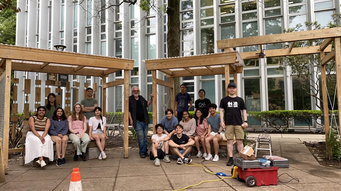 S24 Design-Build Studio: the class poses in front of their work.