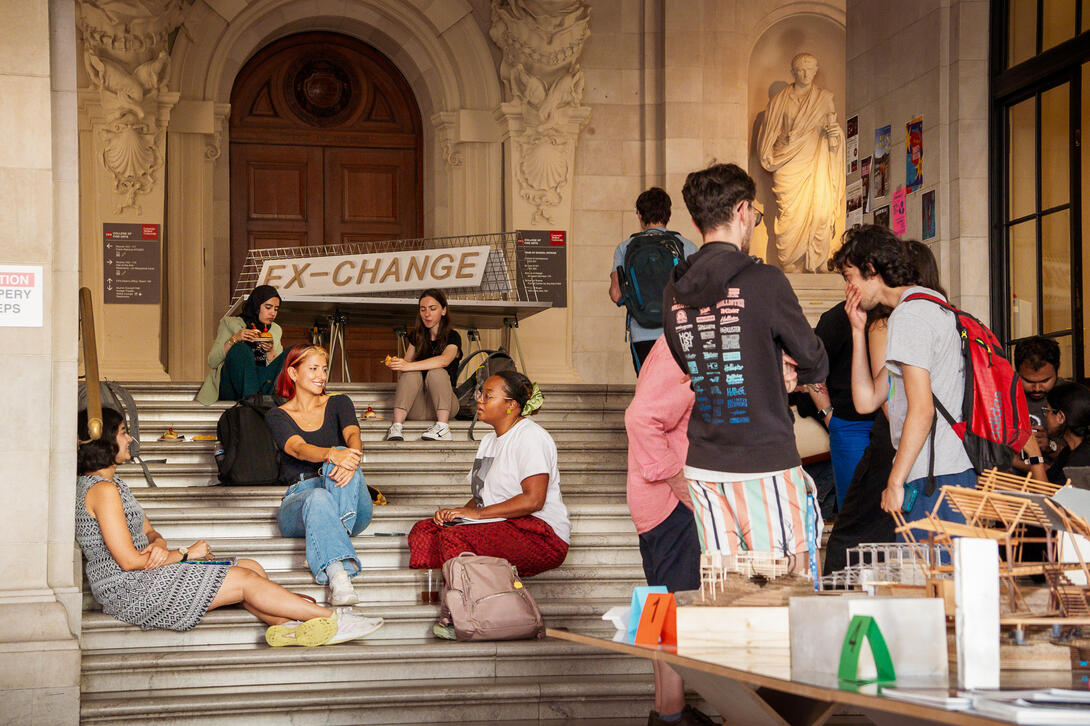 students gather on the steps of the Great Hall during the EX-CHANGE Welcome Back Event.